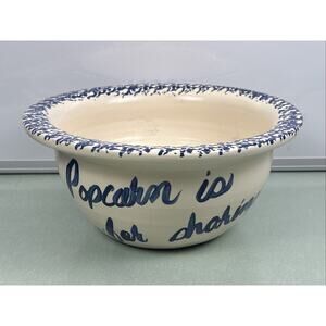 Vintage Pottery Popcorn Bowl Sharing That's All Folks Blue Spongeware Texas 11”